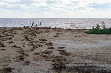 Salt lake. Elton. Footprints in the sand.