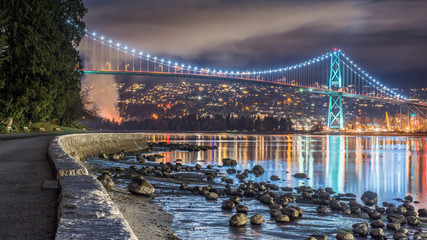 Vancouver, British Columbia. Canada Long exposure from below of the Lions Gate Bridge with lights...