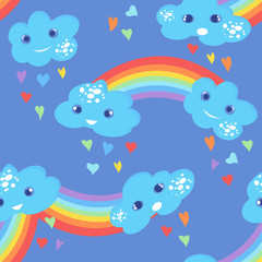 Fototapeta na wymiar Seamless kids pattern with clouds and rainbow. Hand-drawn cute background for kids. Design for fabric, wallpaper, textiles, packaging, vrapping, covers, printing. Vector illustration.