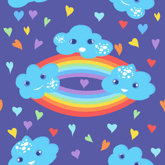 Seamless kids pattern with clouds and rainbow. Hand-drawn cute background for kids. Design for fabric, wallpaper, textiles, packaging, vrapping, covers, printing. Vector illustration.