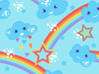 Seamless kids pattern with clouds and rainbow. Hand-drawn cute background for kids. Design for fabric, wallpaper, textiles, packaging, vrapping, covers, printing. Vector illustration.