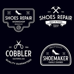 Vector set of vintage logos, labels, badges, emblems or logotypes elements for shoemaker, shoes shop and shoes repair.