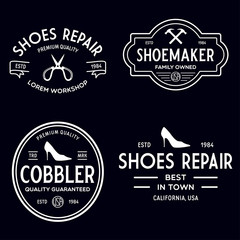 Vector set of vintage logos, labels, badges, emblems or logotypes elements for shoemaker, shoes shop and shoes repair.
