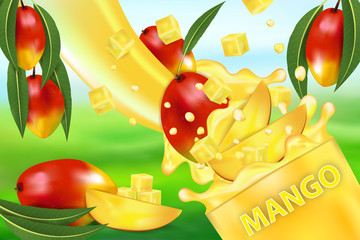 Obraz premium Mango juice and splash. Flow of liquid with drops and sweet tropical fruit 3d realistic vector illustration, package design or poster
