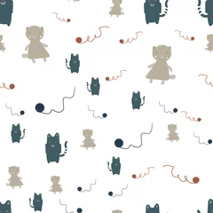 Photo sur Plexiglas Chats Modèle sans couture de bébé avec des chats et des boules mignons. Fond enfantin de vecteur créatif pour tissu, textile, papier peint de pépinière. Illustration vectorielle