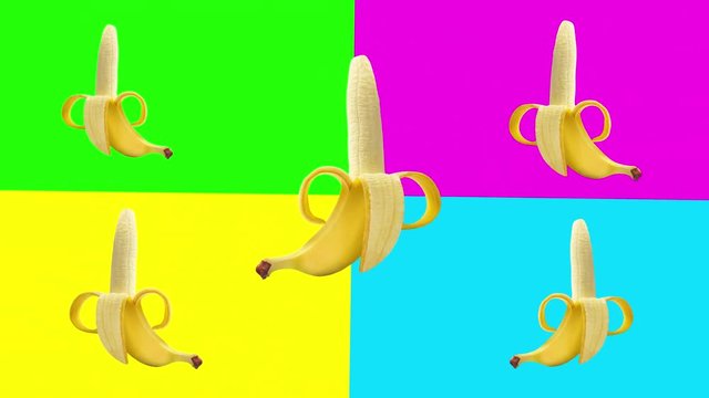Abstract animation of bending banana with magenta, yellow, green and blue background. Zine art