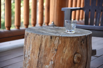 A glass on a tree trunk