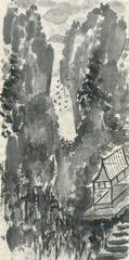 Obraz premium Pagoda and mountain landscape in a fog . Watercolor and ink illustration in style sumi-e, u-sin, go-hua. Oriental traditional painting. Monochrome