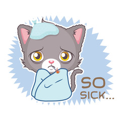 Funny sticker with cute gray cat - feeling ill