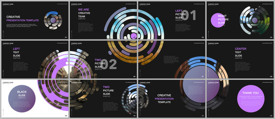 Minimal presentations design, portfolio vector templates with colorful purple circle elements on black background. Multipurpose template for presentation slide, flyer leaflet, brochure cover, report.