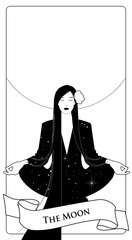 Major Arcana Tarot Cards. The Moon. Beautiful girl meditating in lotus position and full moon in the background. Constellation clothes, long dark hair and red flower in the hair.