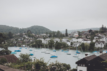 View on Spiez city and lake Thun, Switzerland, Europe