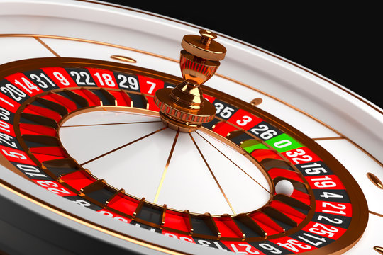 Luxury Casino roulette wheel on black background. Casino theme. Close-up white casino roulette with a ball on 21. Poker game table. 3d rendering illustration.