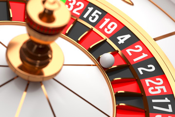 Obraz premium Luxury Casino roulette wheel on black background. Casino theme. Close-up white casino roulette with a ball on 21. Poker game table. 3d rendering illustration.