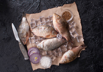 unprocessed whole raw fish carp on a black table with ice. Preparation for cleaning fish. Top view