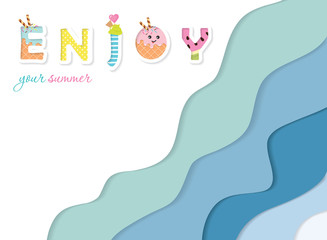 Summer paper cut out banner. 3d waves layers background. Funny cartoon letters. Vector