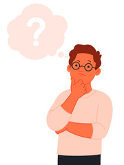 A man thinks. Solution to the problem. The concept of finding the right path