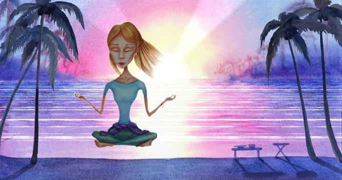 Beautiful woman meditating over sea landscape with sunrise, sunset, sun, yogi girl meditation, guru yoga, seamless looped animation