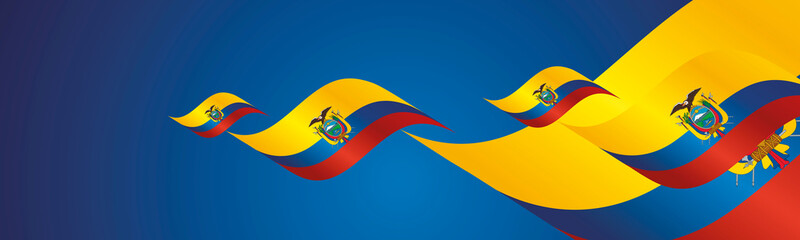 Ecuador Independence Day waving flags two fold blue landscape background