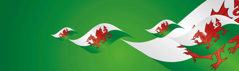 Gardinen Wales Saint Davids Day wehende Flaggen zweifach grüner Landschaftshintergrund © simbos
