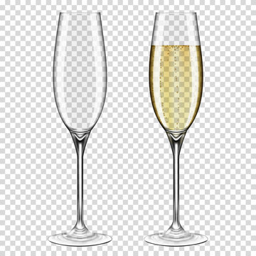 Set of realistic transparent wine glasses empty and with champagne, isolated on transparent background.