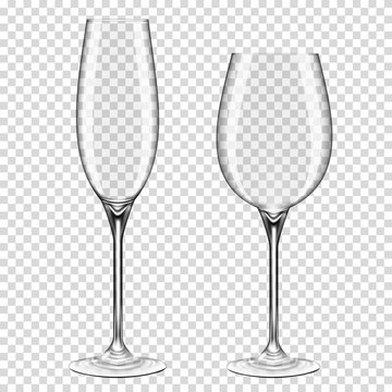 Set of realistic transparent wine glasses empty, isolated on transparent background.