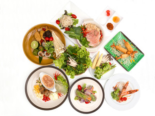 Various Vietnamese food arrange by top view on white background