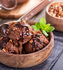Chocolate Ice Cream in a Wooden Bowl