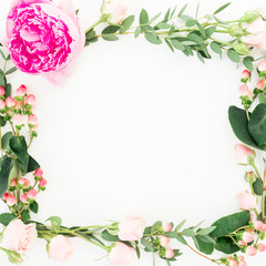 Fototapeta premium Floral frame with pink flowers, hypericum and eucalyptus on white background. Flat lay, top view