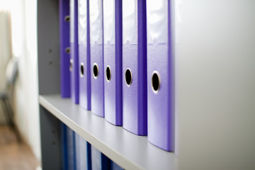 colorful archive folders for documents on the shelves in the office