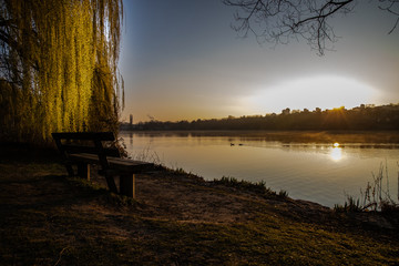 Holzbank an See neben Trauerweide bei Sonnenaufgang