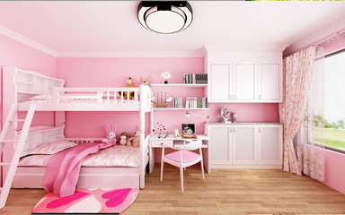 3d render of child room in pink color