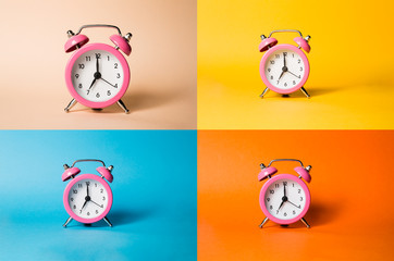 Pink alarm clock on the four different backgrounds with a shadow.