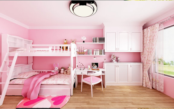 3d Render Of Child Room In Pink Color