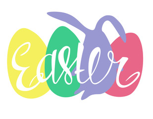 Easter – Beautiful holiday calligraphy with colored eggs and bunny