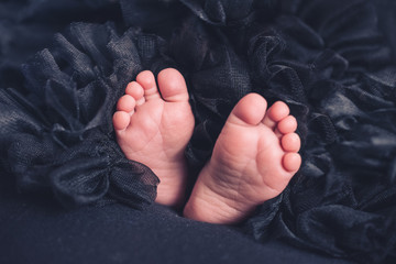 Soft newborn baby feet against a black blanket - 258701600
