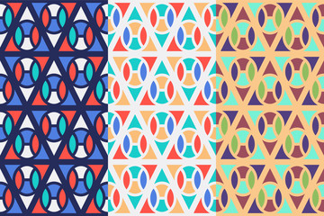Set of three seamless patterns with geometric shapes, colorful illustration, eps10. Clipping mask applied.