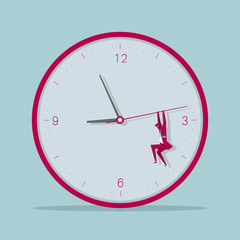 Time concept design. Businessman hangs on the second hand. Isolated on blue background.