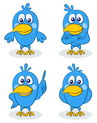 Blue Cartoon Birds, Little Pigeons with Different Emotions. Vector