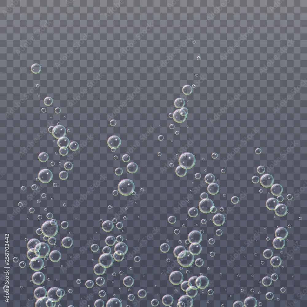 Poster realistic 3d floating soap bubbles, rainbow color reflection. isolated on transparent background. ve