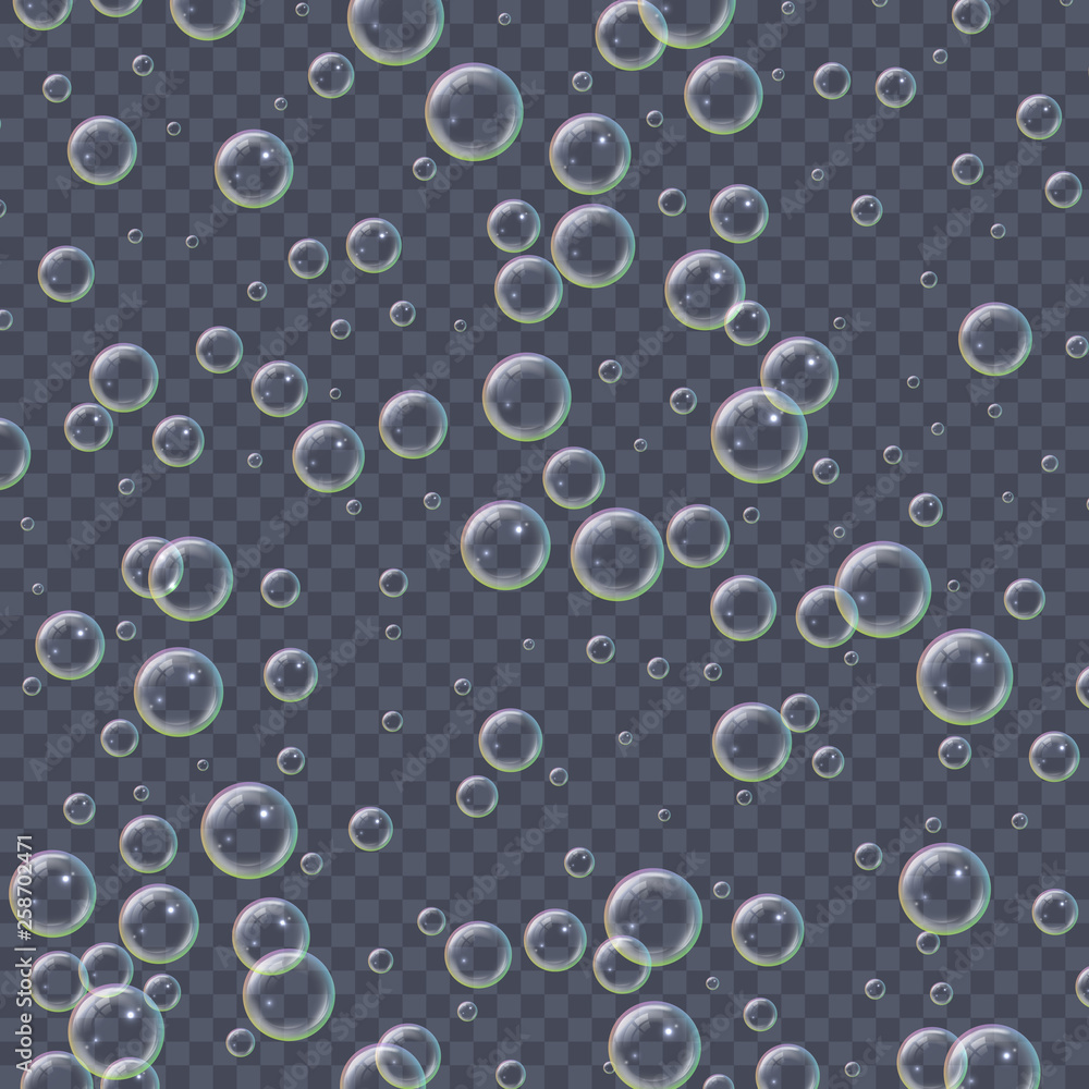 Poster realistic 3d floating soap bubbles, rainbow color reflection. isolated on transparent background. ve