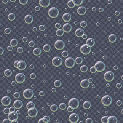 Realistic 3d floating soap bubbles, rainbow color reflection. Isolated on transparent background. Vector illustration.