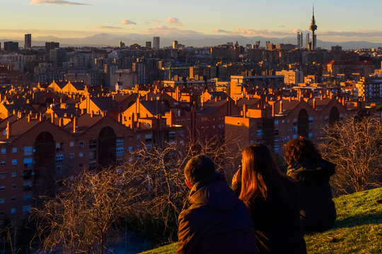 Madrid Skyline view From Cerro del Tio Pio (Siete Tetas Park) during the evening. Vallecas, Madrid, Spain