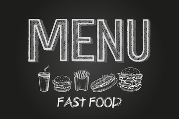 Burger menu poster design on the chalkboard elements. Can be used for layout, banner, web design, brochure template. Vector illustration.