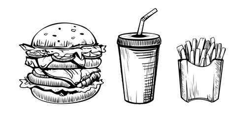 Hamburger, soda drink and french fries hand drawn in sketch style icons. restaurant or cafe vector elements. - obrazy, fototapety, plakaty