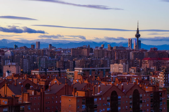 Madrid Skyline view From Cerro del Tio Pio (Siete Tetas Park) during the evening. Vallecas, Madrid, Spain