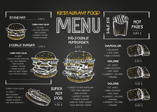 Restaurant Food Menu Design template with Chalkboard Background. Vintage chalk drawing fast food menu in vector sketch style.