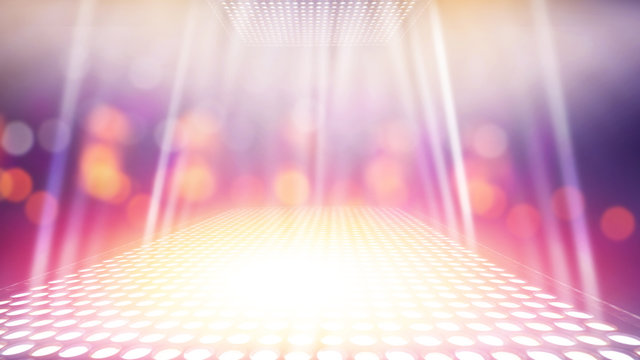 abstract illuminated light stage with colorful bokeh background.