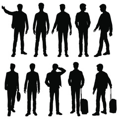 Set of vector silhouettes of  men standing and walking in different poses, with a suitcase,  group of business people, black color isolated on white background