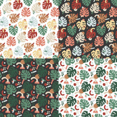 Fototapeta premium Set. Monstera leaf in seamless patterns. Vector illustration.